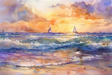 A watercolor seascape showing a peaceful beach at sunset with gentle waves lapping the shore a vivid palette of oranges and purples in the sky and distant sailboats - obrazy, fototapety, plakaty