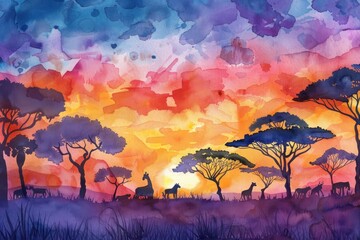 A watercolor scene of a traditional African savannah at sunset with silhouettes of acacia trees a variety of wildlife and a vast colorful sky