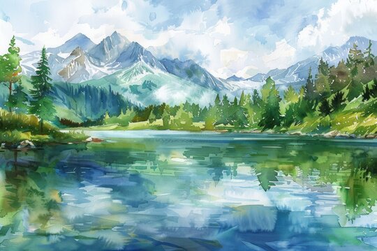 watercolor of a serene mountain landscape with a clear lake in the foreground surrounded by lush green trees with snowcapped peaks in the distance under a bright sunny sky