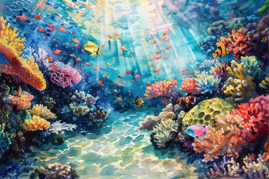 watercolor of a vibrant coral reef underwater scene teeming with colorful fish corals and sunlight filtering through the water creating a mosaic of light on the ocean floor