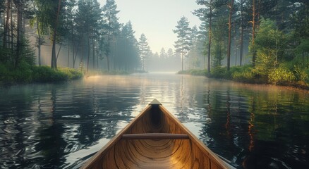 Canoe Drifting Along Calm River - obrazy, fototapety, plakaty