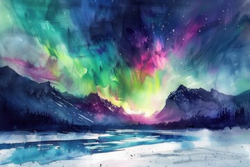 A dreamlike watercolor landscape of the Northern Lights with vibrant green and purple hues dancing in the night sky over a snowy tranquil arctic wilderness - obrazy, fototapety, plakaty