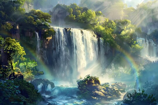 A majestic waterfall cascading over rocks into a misty pool below surrounded by lush greenery with rays of sunlight piercing through the mist creating rainbows watercolor style