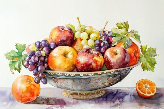 A delicate watercolor still life of a bowl filled with juicy ripe fruits including apples grapes and oranges