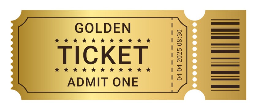 Golden ticket admit one pass or VIP coupon. Vector illustration isolated on white background