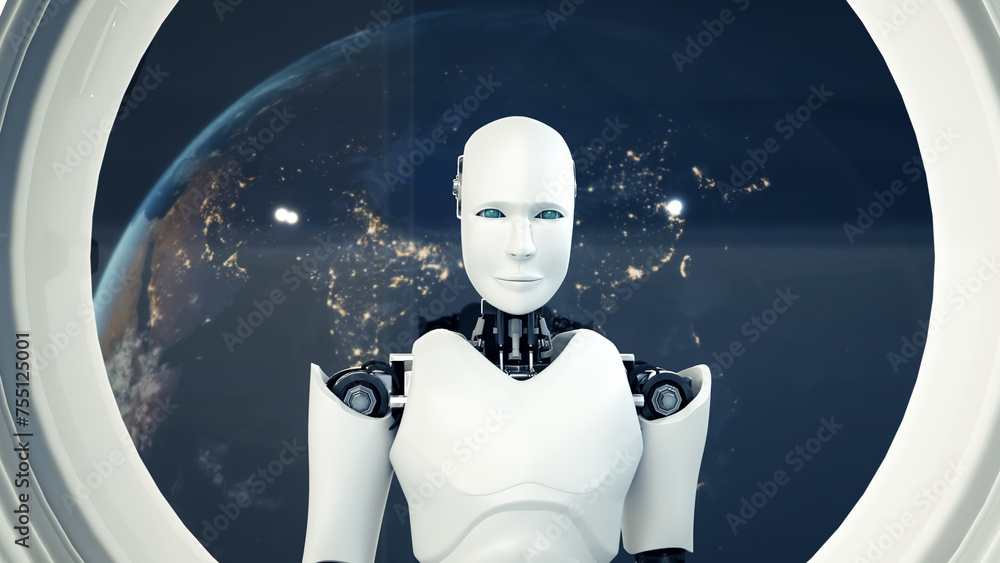 Poster xai 3d illustration futuristic robot, artificial intelligence cgi inside spaceship in space universe