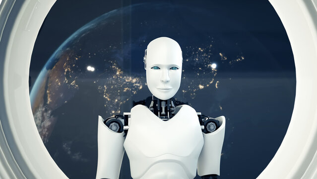 XAI 3d illustration Futuristic robot, artificial intelligence CGI inside spaceship in space universe overlooking planet earth outside the space shuttle window. Robotic man 3D render. 3D illustration.