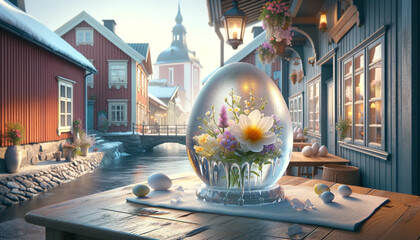 Easter decoration, ice egg in the town, Scandinavian style - 755125292