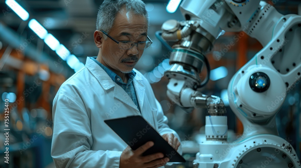 Poster middle aged asian scientist is holding an tablet and looking at it. checking robotic arm at factory.