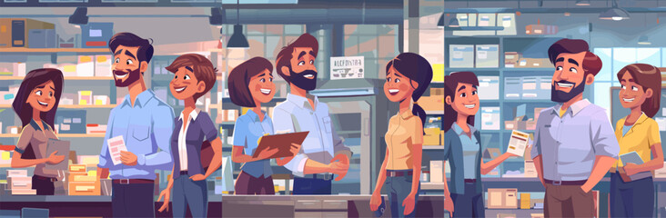 Boss employees scenes cartoon vector illustrations. Cute positive business people management conversation characters, warehouse store interior organizational process - obrazy, fototapety, plakaty