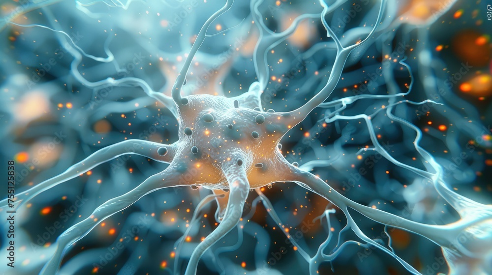 Aufkleber microscope view of nervous system, nerve cell. generative ai.