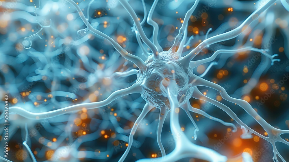 Aufkleber Microscope view of nervous system, nerve cell. Generative AI.