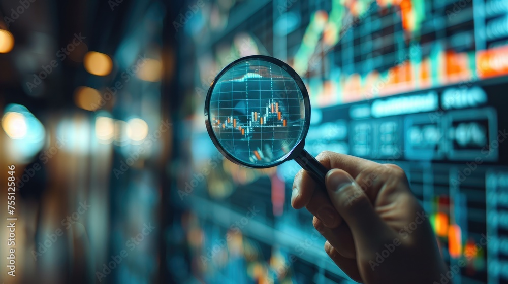 Poster a person holding a magnifying glass and examining a graph of market trends. generative ai.