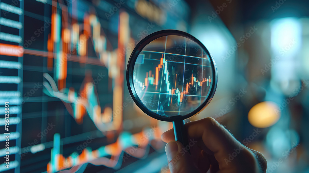Poster a person holding a magnifying glass and examining a graph of market trends. generative ai.