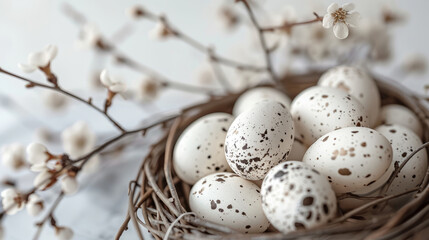 Fototapeta premium Natural speckled eggs in twig nest surrounded by soft white blossoms, heralding spring.