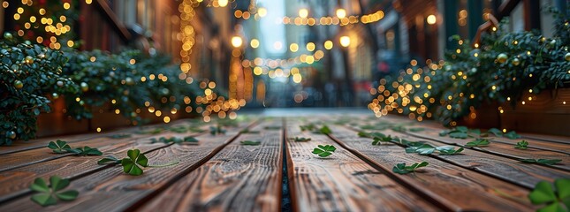 Rustic wooden table strewn with clover leaves, foregrounding a festive alleyway adorned with twinkling lights, creating a holiday vibe. - obrazy, fototapety, plakaty
