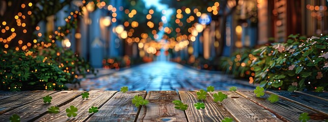 Rustic wooden table strewn with clover leaves, foregrounding a festive alleyway adorned with twinkling lights, creating a holiday vibe. - obrazy, fototapety, plakaty