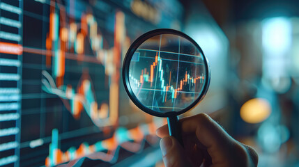 A person holding a magnifying glass and examining a graph of market trends. Generative AI.