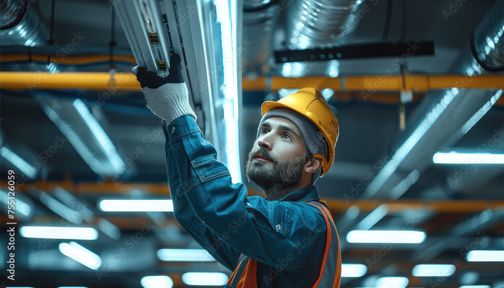 Poster male electrician installing a linear light fixture in a multi-level parking garage. generative ai.