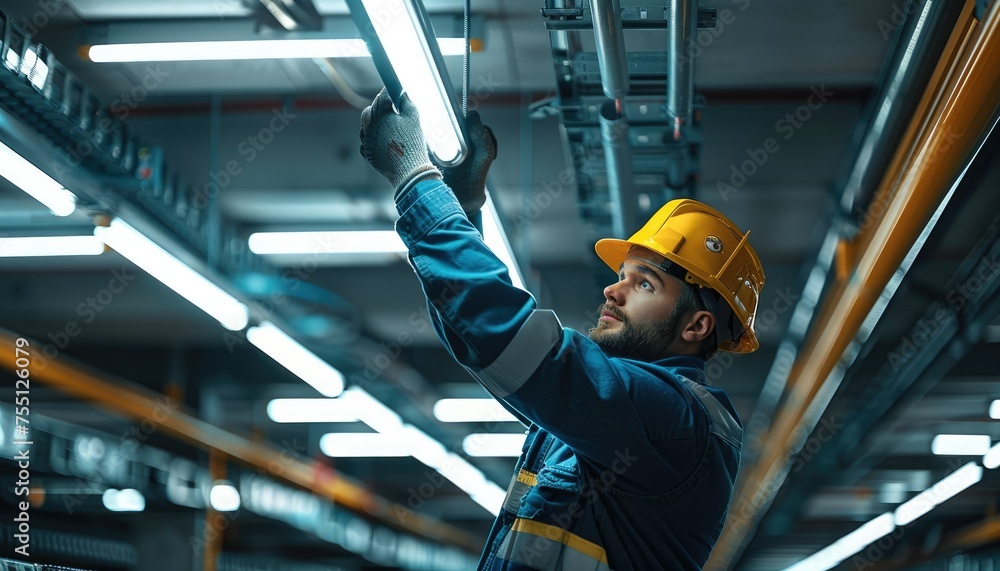 Poster male electrician installing a linear light fixture in a multi-level parking garage. generative ai.