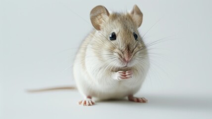 a white, grey, or black harvest or house mouse against a pristine white background, showcasing its natural appearance and behavior.