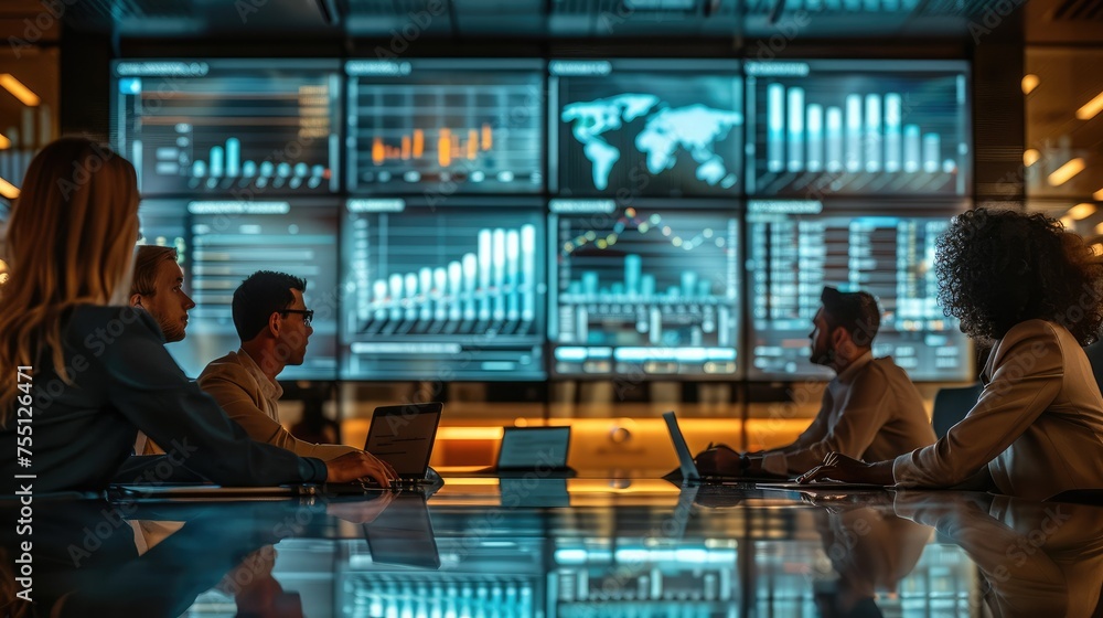 Poster Group of people seated in a business room with a large screen showing statistics in background. Generative AI.