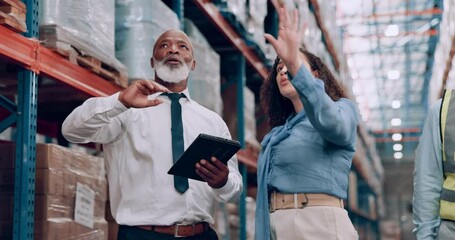 People, teamwork and tablet or warehouse inspection of supply chain inventory or ecommerce, logistics or shipping. Man, woman and factory package as export service or planning, delivery or production