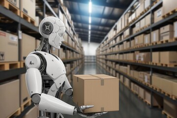 robot works in the warehouse as a sorter and loader. detailed realistic humanoid robotics, artificial human.