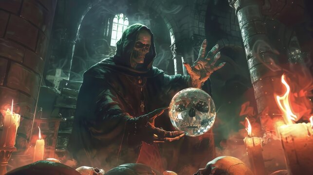A seer with a clear crystal ball in the dark crypt surrounded by skulls
