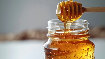 Honey inside a transparent bottle with a honey dipper on white background. Generative AI. - obrazy, fototapety, plakaty