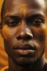 Face of an African warrior with traditional patterns and adornments