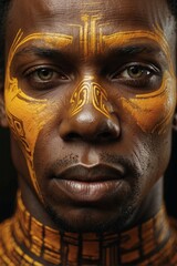 Face of an African warrior with traditional patterns and adornments