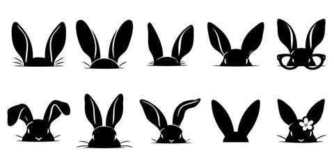 Rabbit ears peek out, rabbit on the floor of the head, black silhouette on a transparent background, vector set for stencil, print..