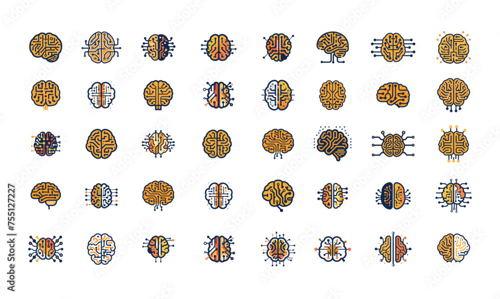 Poster digital brain logos vector set. artificial intelligence digitized consciousness data processing simp