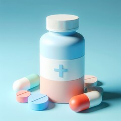 Plastic Medicine Jar with Tablets and Pills. 3D minimalist cute illustration.