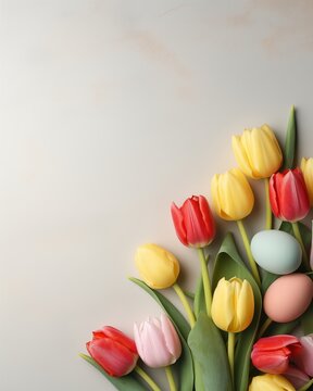 Easter eggs and tulips on a studio white background. Happy Easter top view template