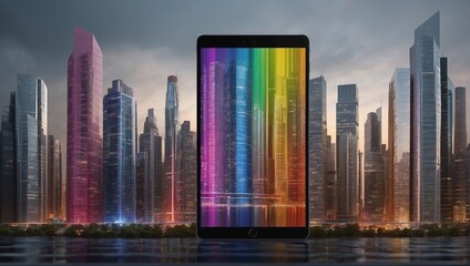 Tablet with colorful buildings above the screen on the background of the city: synthesis of technology and architecture - obrazy, fototapety, plakaty