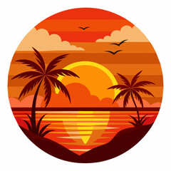 Minimalist Summer Sunset Flat Vector Illustration, T-shirt Design, Tranquil Ocean Horizon Landscape, Serene Dusk Skyline Print design