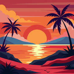 sunset over the sea, minimal summer sunset flat tshirt vector illustration
