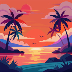 Fototapeta na wymiar sunset over the sea, minimal summer sunset flat tshirt vector illustration