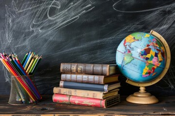 Back to school concept featuring a globe Books Notebooks And colorful stationery on a desk with a...