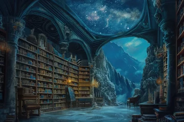 Peel and stick wall murals Old building An ancient library filled with magical books, glowing orbs, and mystical artifacts. Shelves reach up to a high, vaulted ceiling, with soft light filtering through stained glass windows. Resplendent.