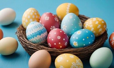 Fototapeta na wymiar Hand-painted multicolored Easter eggs with different patterns lie in a nest close-up. Colorful eggs on soft blue background for Easter holiday.