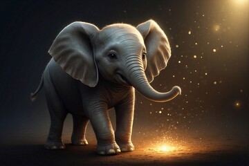 Magical baby elephant: glowing golden aura in the darkness
