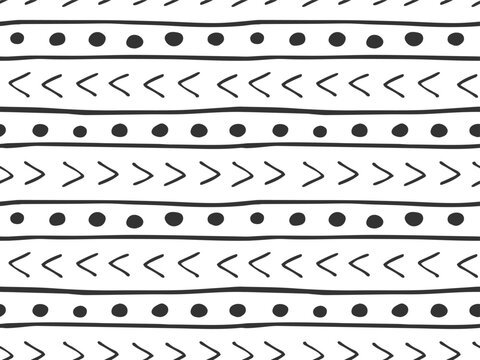 Doodle striped seamless Pattern. Arrow, line, spot hand drawn endless Linear background. Black and white simple modern illustration. Ink abstract texture for print design