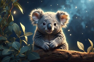 Magical koala in the darkness of eucalyptus forest