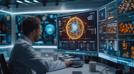 A researcher sitting in a modern high-tech laboratory, intensely focused on a large screen displaying complex quantum computing algorithms. Generative AI.