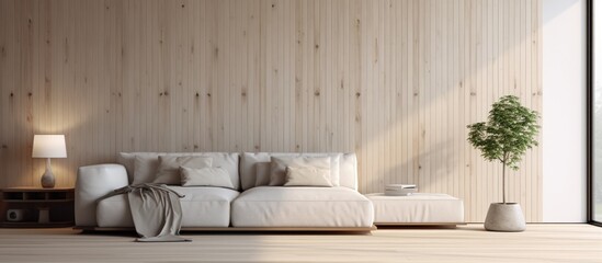 A modern living room featuring a white couch, wooden wall, grey sofa, and a potted plant. The room exudes a minimalistic style with clean lines and a touch of greenery.