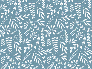 Fototapeta premium Abstract Botanical Seamless Pattern. White Silhouette of branch sprig leaves. Hand drawn Twigs. Natural plant garden simple Background for wallpaper, packaging, cover, fabric print