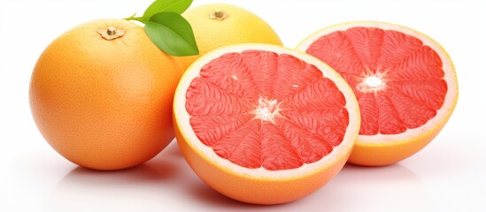 Three grapefruits, a type of citrus fruit, are placed side by side on a clean white surface. They belong to the natural foods category and are seedless fruits